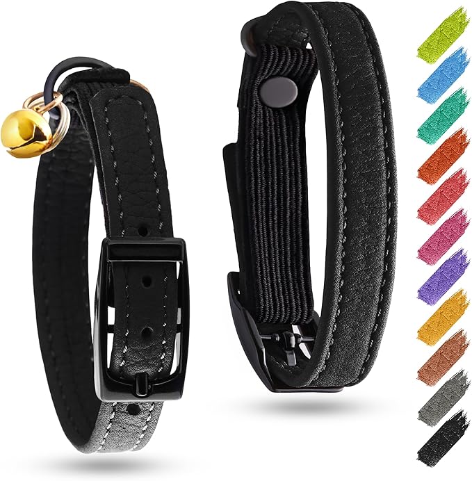 Leather Cat Collar with Bell and Safety Elastic Strap Breakaway Alternative for Small & Large Kittens, Stylish Pet Leather Collar for Boy, Girl Cats with Metal Buckle & QR ID Tag (Black)