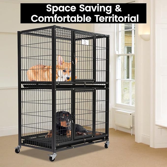 Homey Pet 31 Inch Stackable Heavy Duty Dog Crate Cage Kennel with Four Lockable Wheels, Removable Tray, Escape Proof Wire Drop Dog Crates for Small Dogs (Two Tiers)