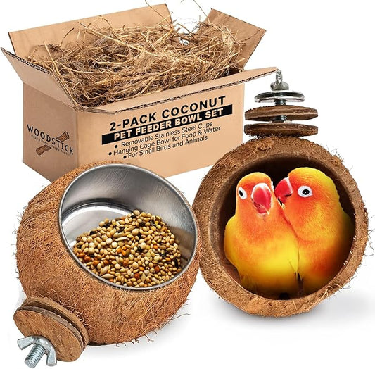 Premium Coconut Bird Food and Water Bowl Set - Removable Stainless Steel Cage Bowls with Clamp - Food & Water Feeder Coop - Cup for Cockatiel Parakeet Macaw Finches Lovebirds Small Animals (2 Pack)