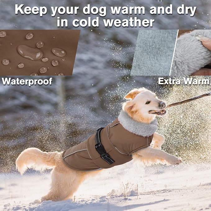 Lelepet Warm Dog Coat Reflective Fleece Vest Waterproof Dog Jacket with Adjustable Buckle Hook & Loop Windproof Cold Weather Coats for Small Medium Large Dogs, Brown, XXXL
