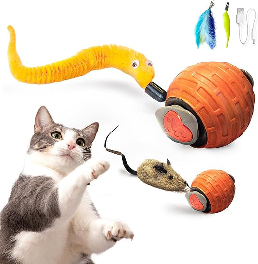 Motion Activated Self-Moving Cat Toys Ball – GlobalSun Speedy Tail 2.0 Automatic Rolling Cat Toy with Mouse & Feather Tails, USB Rechargeable Interactive Cat Toy for Indoor Cats