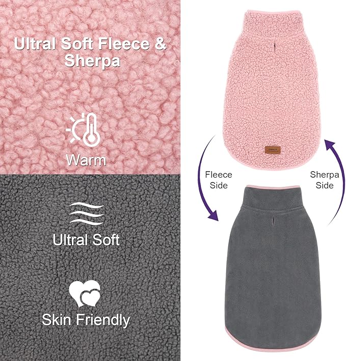 cyeollo Fleece Dog Coat Reversible Dog Jacket Sweater Turtleneck Sherpa Jackets Winter Pet Clothes Warm Cold Weather Coats for Small Dogs, Pink XL