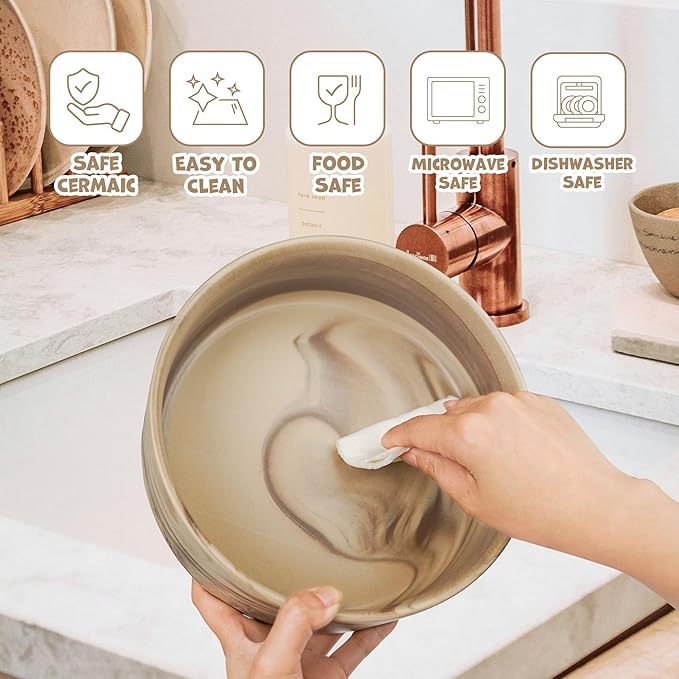 YOBRO Large Dog Bowl with Stand, 8" Non-Slip Ceramic Food or Water Bowl for Large Breed Dogs, Wide Open for Multiple Dogs, Modern Marble Design, Brown