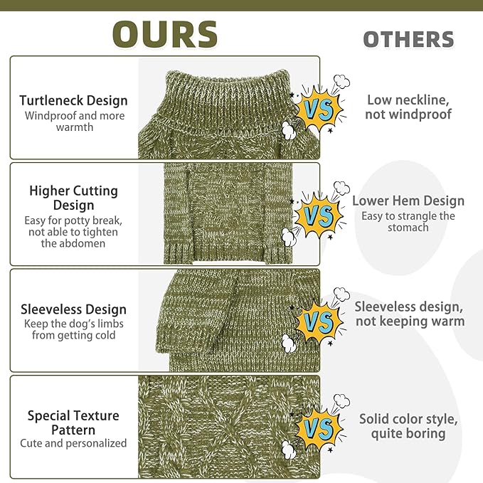 KOOLTAIL Thermal Knitted Dog Sweater for Small Medium Large Dogs, Turtleneck Cable Knit Doggy Winter Coat Warm Clothes Sweatshirt Outfits for Cold Weather, Pullover Pet Jumper for Puppy Cats Green SM