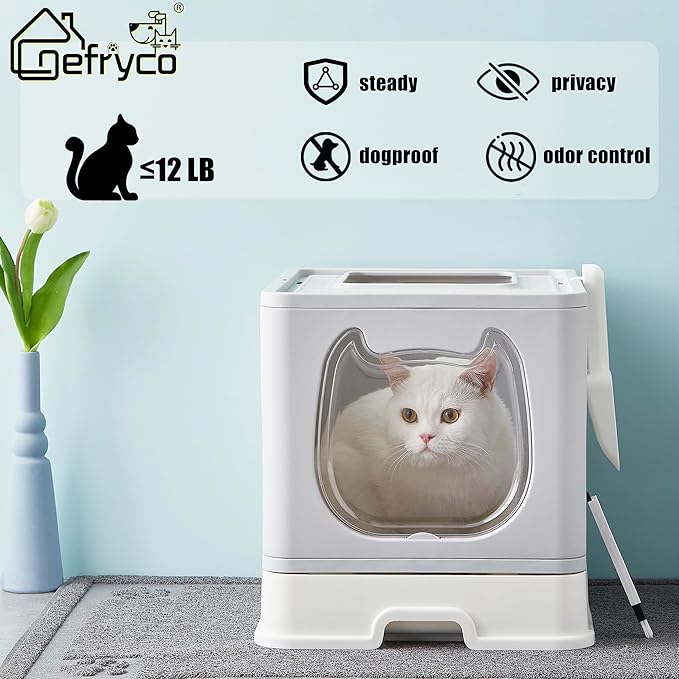 Gefryco Litter Box with Lid for Small to Medium Cats, Enclosed Cat Litter Box with Cover，High Sided Top Entry Cat Box with Brush and Scoop, Cute Kitty Litter Pan with Drawer for Growing Kittens(Grey)