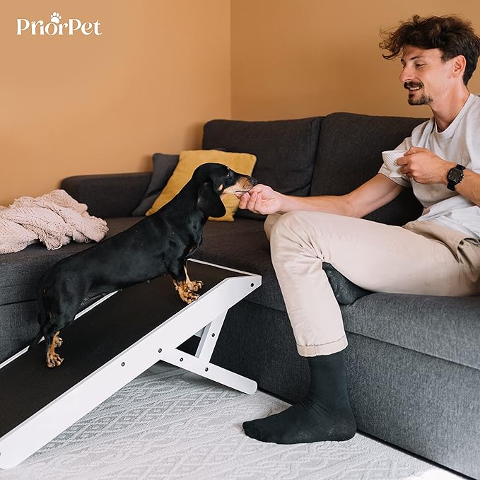 Dog ramp for Couch – Non-Slip, Sturdy Build Foldable Dog ramp – Supports up to 200lbs – Adjustable 7'' to 20'' – Landing Platform Seamlessly Connects – Birchwood Pet Ramp for Small Dogs – White