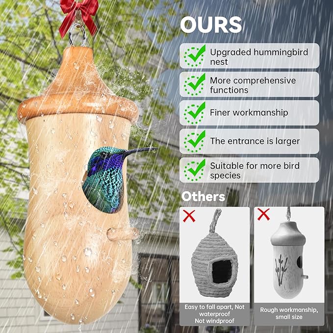 Hummingbird House, Solid Wood Hummingbird Houses for Outside-Exquisitely Handcrafted Birdhouse with Ribbon and String Hanging Kit, Durable Garden Decor, Perfect Gardening Gift (Style-D, 3 Pack)