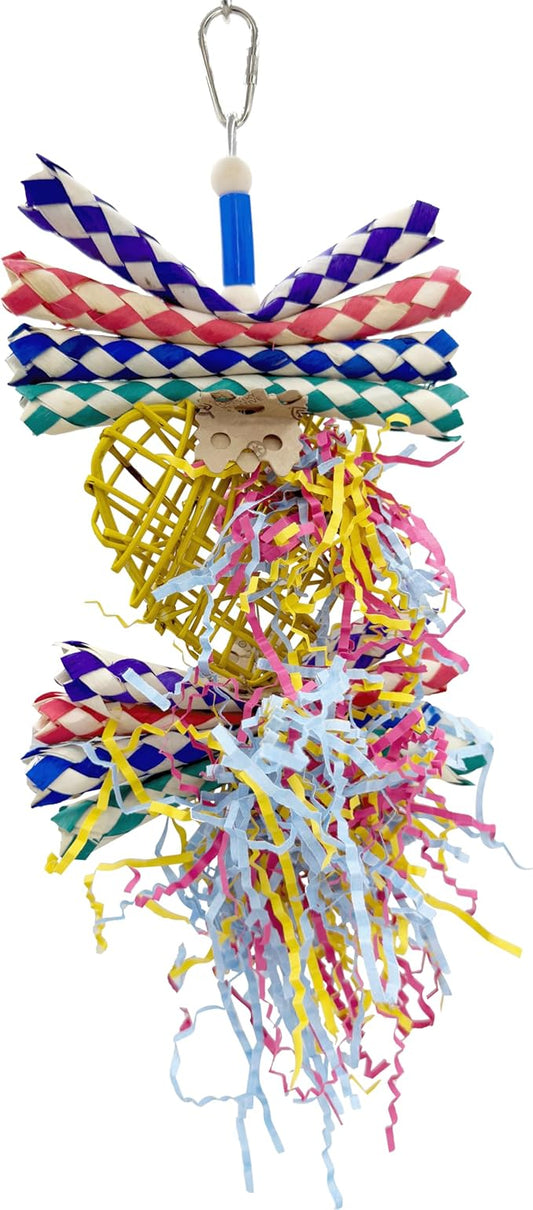 1730 Willow Heart Shredder Bird Toy with Finger Traps, Crinkle Paper and Woven Willow – Handcrafted Great for Parrotlets, Lovebirds, Conures and Budgies, Shredding Fun