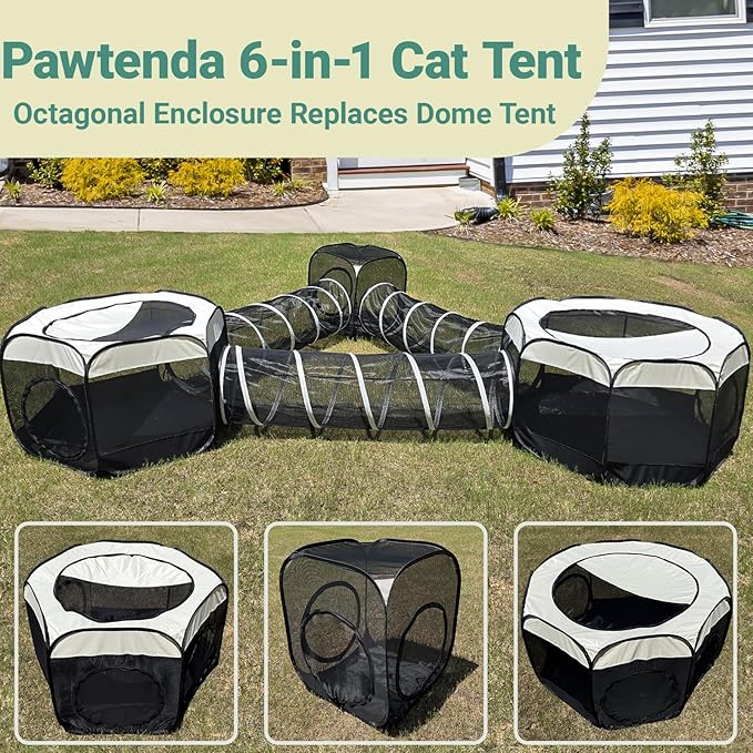 6-in-1 Outdoor cat Enclosure - 3X Tent & 3X Tunnel - Outdoor Enclosed Playpen for Indoor Cat, Portable Tent Within Storage Bag, for Kitty and Small Animal