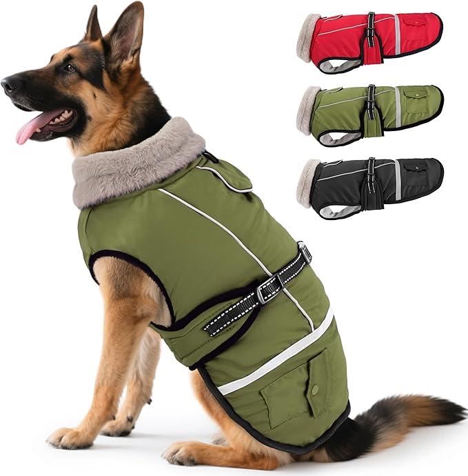 Dog Coat, Dog Winter Coat Jacket Waterproof for XXXL Large Dogs, Pet Vest Warm Fleece Cozy for Cold Weather, with Harness Built in Reflective, Dogs Snowsuit Windproof, Adjustable Buckle