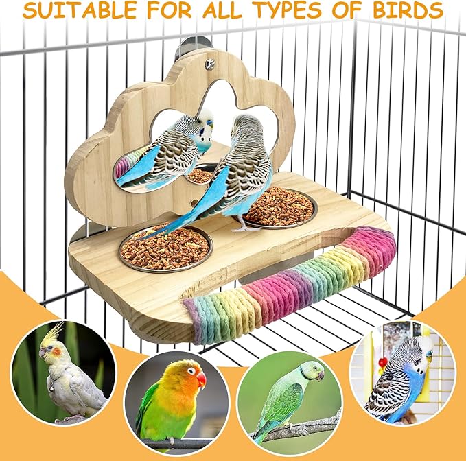 Tfwadmx Bird Parrot Wooden Feeding Cups Small Bird Feeding Dish Cups Stainless Steel Birds Bowls Food Water Bowls with Food Holder for Lovebirds Parakeet Macaw Finches