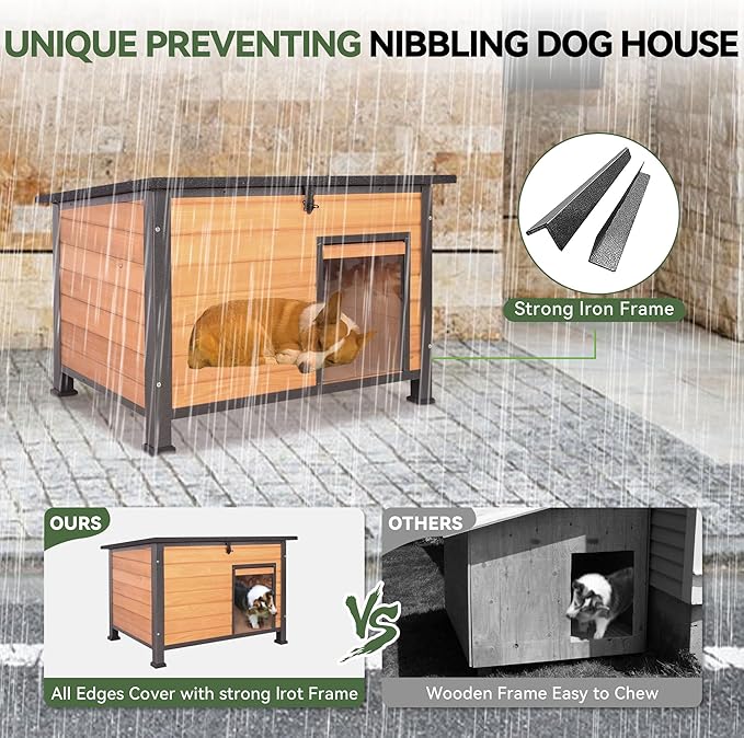 Dog House Outdoor with Prevent Chewing Iron Frame, Cat Houses Removable Floor and Open Roof for Dogs,Cats,Rabbits Animals