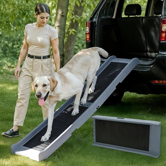 Dog Ramp for Car - 68,5" Long & 15" Wide - Rubber Anti-Slip Dog ramps for Large Dogs - Stable Dog Car Ramp 300 Pounds Capacity - Foldable Pet Ramp for Truck - Portable Folding Dog Ramp - Light Gray