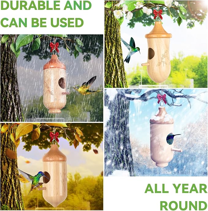 Hummingbird House, Solid Wood Hummingbird Houses for Outside-Exquisitely Handcrafted Birdhouse with Ribbon and String Hanging Kit, Durable Garden Decor, Perfect Gardening Gift (Style-D, 3 Pack)