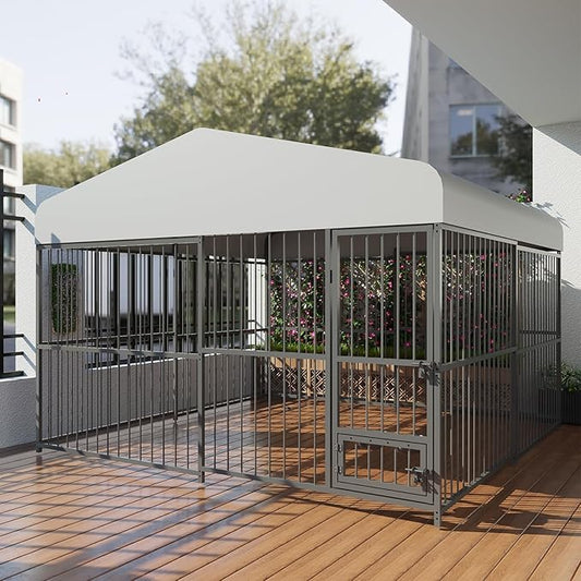 10X10x6FT Large Outdoor Dog Kennel with Swivel Feeder & UV-Resistant Waterproof Roof Covered, Heavy Duty Dog Cage Playpen for Medium and Large Dogs, Easy Assembly