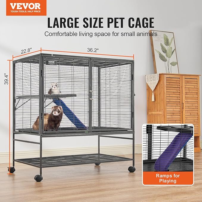 VEVOR 39" Rolling Metal Ferret Cage, Large 2-Tier Critter Nation Cage, Small Animal Cage with Ramps & Tray, Easy to Set up for Pet Mice, Hamster, Guinea Pig, Chinchilla, Squirrel, Hedgehogs, Bunny