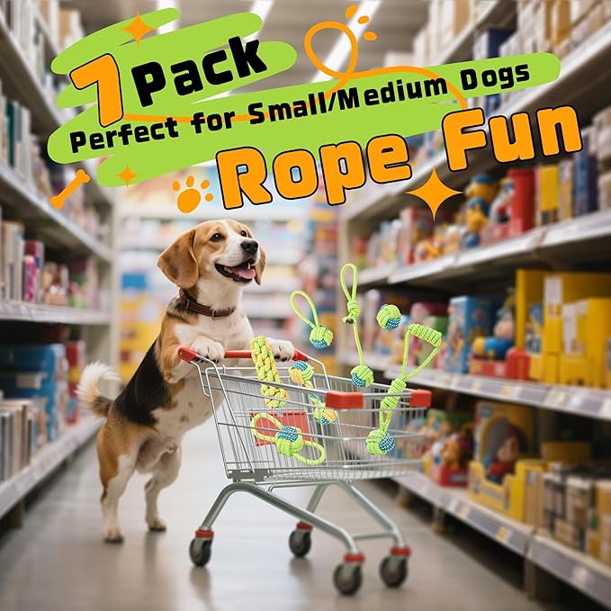 7 Pack Dog Rope Toys, Interactive Tough Chew Toys for Small and Medium Dogs, Clean Teeth and Relieve Boredom, Tug of War, Aggressive Chewers, Cotton Rope Knot Puppy Dental Toy