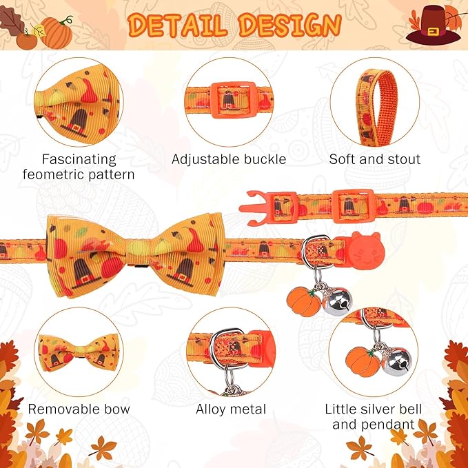 SCENEREAL Fall Thanksgiving Cat Collar Breakaway with Bell, Bowtie and Safety Buckle, 2 Pack Adjustable Cute Holiday Kitten Collars with Turkey & Pumpkin Pattern for Girl Boy, Orange