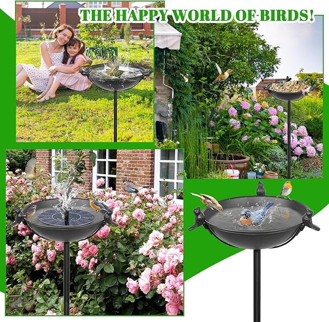 58In Freestanding Birdbaths Bowl Outdoor, Standing Garden Bird Bath Feeder Bowl with 3 Bird Statues, Birdbath & Birdfeeder with Metal Stake Garden Yard Lawn Decor (Black)