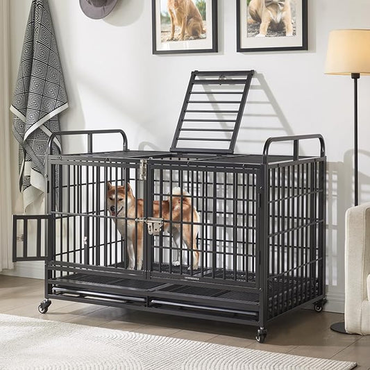 Lauren&Harold 48 Inch Heavy Duty Dog Crate for Medium/Large Dogs, Metal Dog Kennel Indoor with Top Door&Feed Door, Easy-to-Clean XL Dog Cage with Removable Tray&Wheels, Large Dog crates Furniture