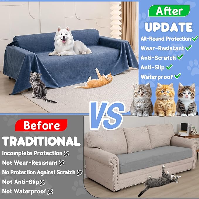 Cat Scratch Furniture Protector - Anti-Slip, Waterproof Sofa Cover to Keep Cats Off, Pet-Friendly Couch Protectors for 3 Cushion Couch, Anti-Scratch Couch Cover for Pets and Kids 134"X71"Navy Blue