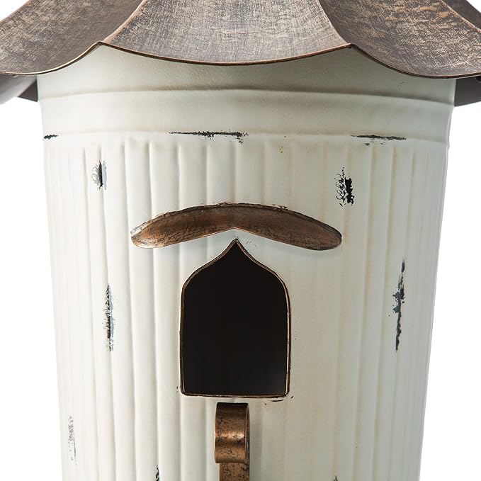 Glitzhome 29.75”H Metal Hanging Birdhouse for Outdoors Oversized Farmhouse Pagoda Painted Bird House with Bronze Roof for Bluebird Wren Chickadee Sparrow Bird Nest Box for Garden Patio, Washed White