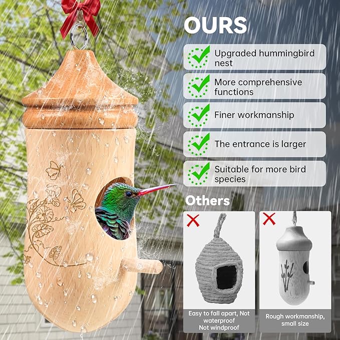 Hummingbird House, Solid Wood Hummingbird Houses for Outside-Exquisitely Handcrafted Birdhouse with Bow and Jute String Hanging Kit, Durable Garden Decor, Perfect Gardening Gift (Style-A, 1 Pack)