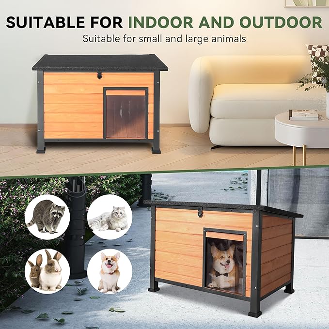 Dog House Outdoor with Prevent Chewing Iron Frame, Cat Houses Removable Floor and Open Roof for Dogs,Cats,Rabbits Animals