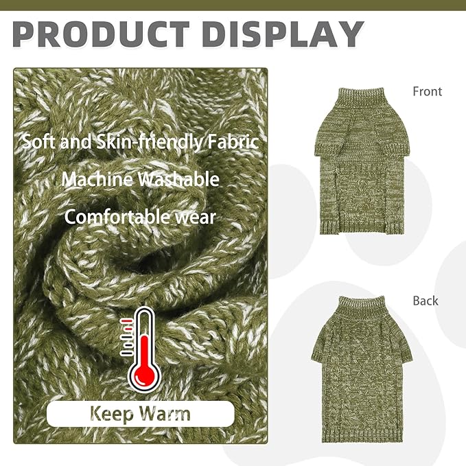 KOOLTAIL Thermal Knitted Dog Sweater for Small Medium Large Dogs, Turtleneck Cable Knit Doggy Winter Coat Warm Clothes Sweatshirt Outfits for Cold Weather, Pullover Pet Jumper for Puppy Cats Green SM