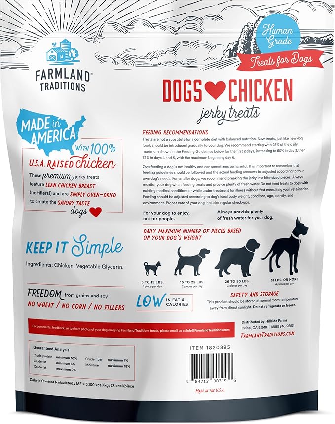 Farmland Traditions Dogs Love Chicken Jerky Dog Treats, Premium Two-Ingredient Dog Jerky with USA-Raised, Human-Grade Chicken & No Antibiotics Ever, 1-Pound Bag