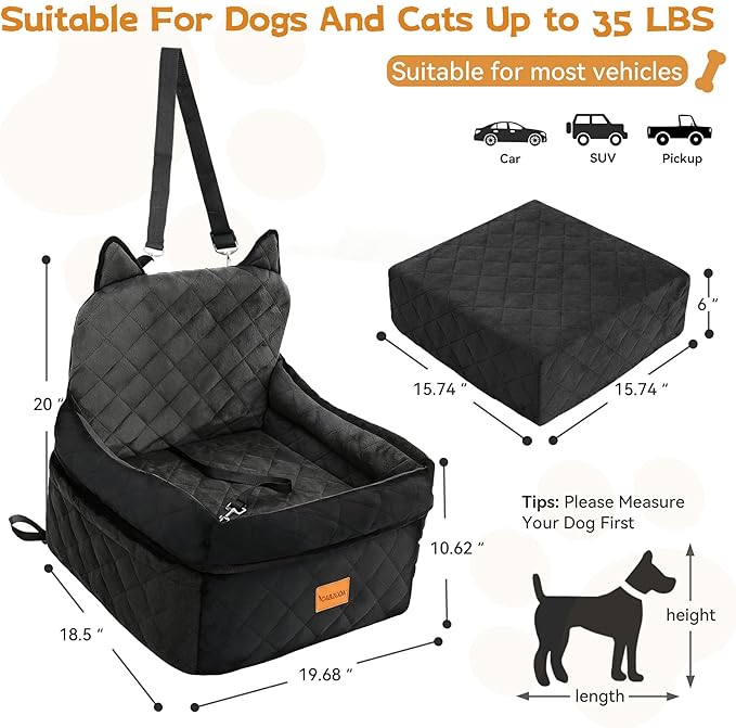 Dog Car Seat for Small/Medium Dogs Up to 35lbs,Elevated Cushion Fits in Front/Back Seat,Travel Safety Per Car Bed with Washable Removable Cover, Storage 2 Pockets Black