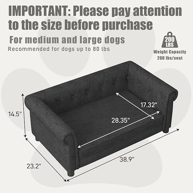 Dog Sofa Couch for Medium to Large Dogs, Memory Foam Pet Sofa Couch with Washable Fabric, Durable Elevated Dog Bed with Legs, Removable Cushion for Medium and Large Dogs, Black