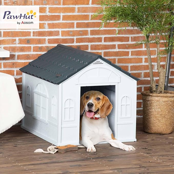 PawHut Plastic Dog House, Water Resistant Puppy Shelter Indoor Outdoor with Door, Easy to Assemble, for Medium and Small Dogs, Gray