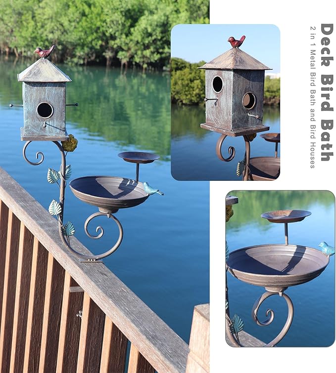 Deck Bird Bath, 3 in 1 Metal Bird Bath and Bird Houses, Decorative Deck Mounted Bird Baths, Detachable and Adjustable Sturdy Deck Bird Bath for Outdoor Porch Yard Garden Decoration