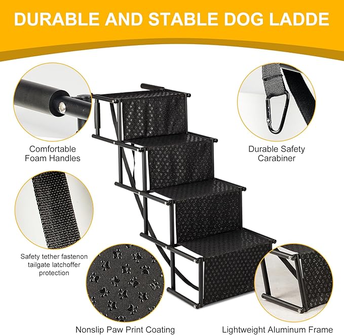 Dog Stairs for Car, Foldable Ramps for Large Dogs with Non-Slip Surface, Lightweight Aluminum, Portable Pet Steps for Trucks, Cars, SUVs, High Beds