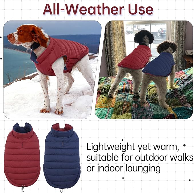 Lelepet Reversible Dog Jacket Lightweight Warm Dog Winter Coat Padded Vest Windproof Cold Weather Coat Pet Sonwsuit with Hook & Loop Coats for Large Dogs, Non-Shedding, Easy on/Off, Wine Red, XL