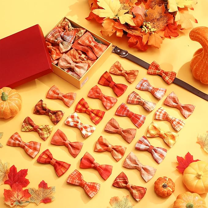 Hillban 50 Pcs Fall Collar Dogs Bow Ties Autumn Plaid Dogs Collar Accessories for Pets Bow Ties Attachment with Elastic Bands Detachable Charms for Doggie Fall Autumn Costume