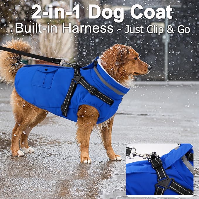 Dogcheer Dog Coat with Harness, Waterproof Dog Jacket Christmas Puppy Winter Coat with Pockets, Reflective Doggy Winter Jacket Soft Pet Fleece Snow Jacket for Small Medium Large Dogs - Blue, XS