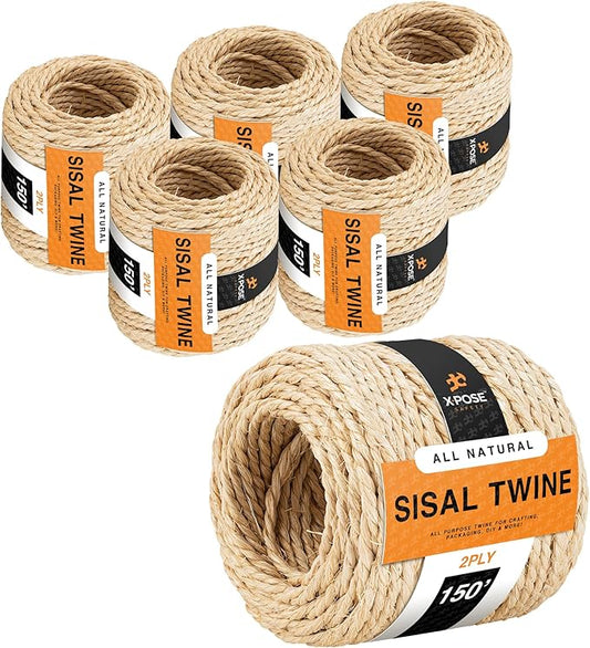 Sisal Twine - 2 Ply 150 Ft Thin Natural Fiber Rope on Spool - Rope for Cat Scratching Post, Cat Tree Replacement Parts, Pet Toy - Decorative Cordage for Crafts, Pole Wrap 6 Pack