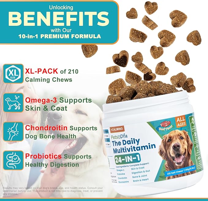 24-in-1 Dog Multivitamin Supplement with Gifted Chew Bone & Pet Comb, 210 Calming Chews, Dog Vitamins with Chondroitin & Probiotics, Hip & Joint, Immune Support, Beef Flavor