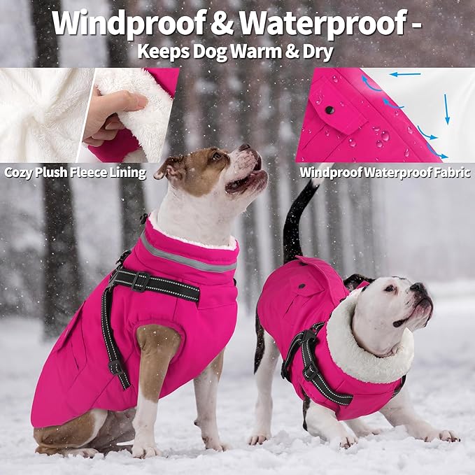 Dogcheer Dog Coat with Harness, Waterproof Dog Jacket Christmas Puppy Winter Coat with Pockets, Reflective Doggy Winter Jacket Soft Pet Fleece Snow Jacket for Small Medium Large Dogs - Pink, 2XL