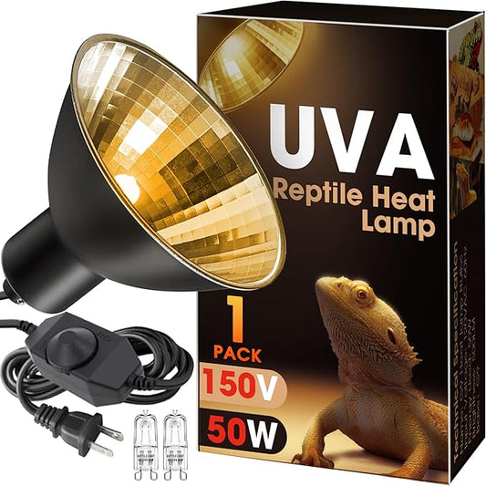 Reptile Heat Lamp 50W G9 Halogen Heat Bulb & Dome Reptile Light Fixture, Aluminum Reflector, UVA Basking Light for Reptiles, Dimmable Heat Lamp for Chicken Turtle Snake Gecko Lizard