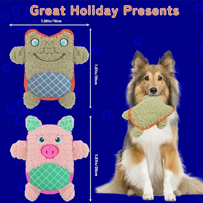 Crinkle Dog Toys Squeaky Plush No Stuffing Cute Puppy Stuffless Tough Rop Pull Toy, Fun Dog Stuffed Animals Durable Chew Set for Small Medium Large Pup (Large, Pink Pig+Green Frog)