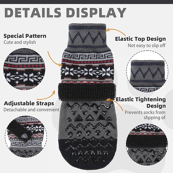KOOLTAIL Dog Socks to Prevent Licking Paws for Hardwood Floors Anti Slip, Winter Warm Pet Boots&Paw Protector with Grippers, Double Sides Dog Shoes Booties for Small Medium Large Senior Dogs Grey M