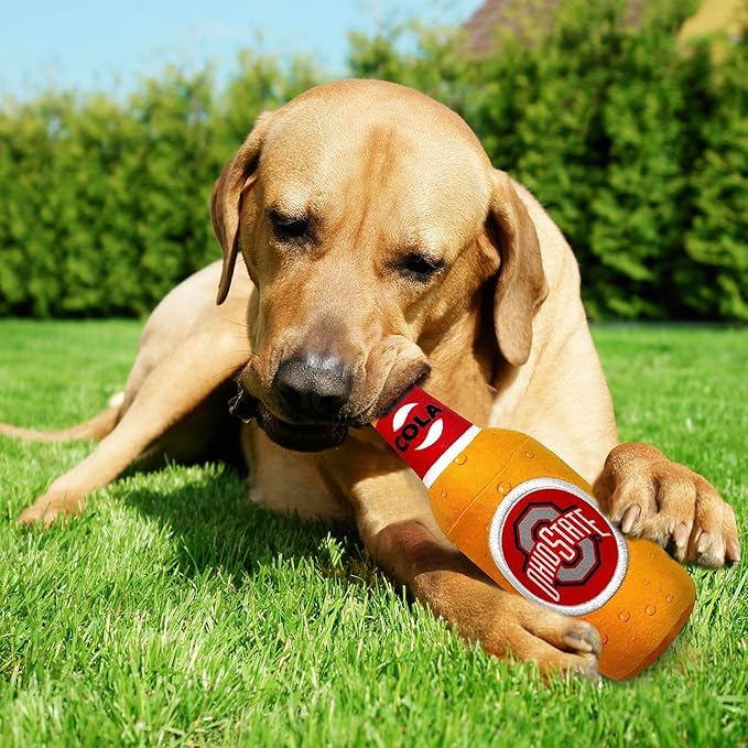 NCAA Ohio State Buckeyes Beer Bottle Plush Dog & CAT Squeak Toy- Cutest Stadium SODA Bottle Snack Plush Toy for Dogs & Cats with Inner Squeaker & Beautiful Football/Basketball Team Name/Logo