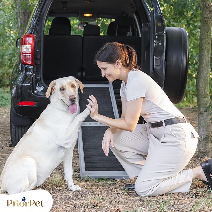 Dog Ramp for Car - 68,5" Long & 15" Wide - Rubber Anti-Slip Dog ramps for Large Dogs - Stable Dog Car Ramp 300 Pounds Capacity - Foldable Pet Ramp for Truck - Portable Folding Dog Ramp - Light Gray