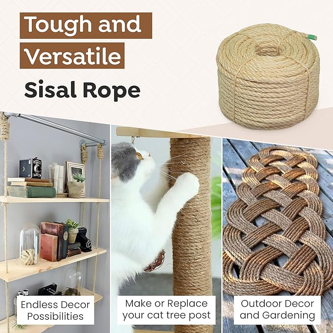 Premium Brazilian Sisal Rope, Natural Fiber 100% Sisal, Ultra Durable, Chemical-Free, Ideal for DIY, Cats, Scratching Post Replacement, Home Decor, Garden, Crafting (1/6” 50 ft / 4mm 15m)