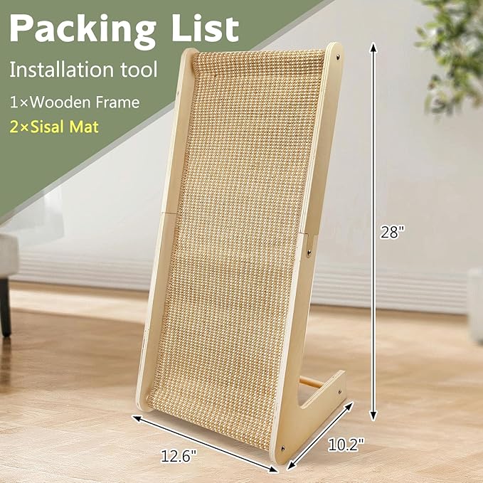 Fhiny Sisal Cat Scratcher Ramp with Replaceable Mat, 28" Large Vertical Cat Scratching Pad for Indoor Cats L Shape Sisal Cat Scratching Mat Scratch Board Climbing Wooden Frame Wall Furniture Protector
