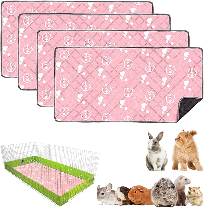 4 Pack Guinea Pig Bedding - Washable Guinea Pig Liners for Midwest Cage, Waterproof Reusable Pee Pads Super Absorbent Mats for Small Animals Pet Rabbit Bunny Hamster Rat (Pink, 48 x 24 Inch)