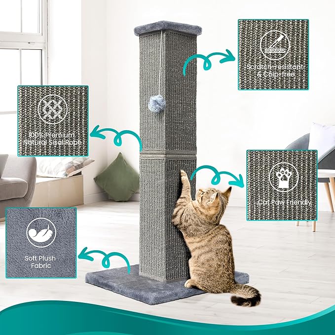 Cat Scratching Post 32 Inch for Indoor Large Cats and Kitten, Nature Sisal Tall Cat Scratch Post, Sisal Cat Scratcher Improve Cat's Scratching Habits and Protect Your Furniture, Dark Grey